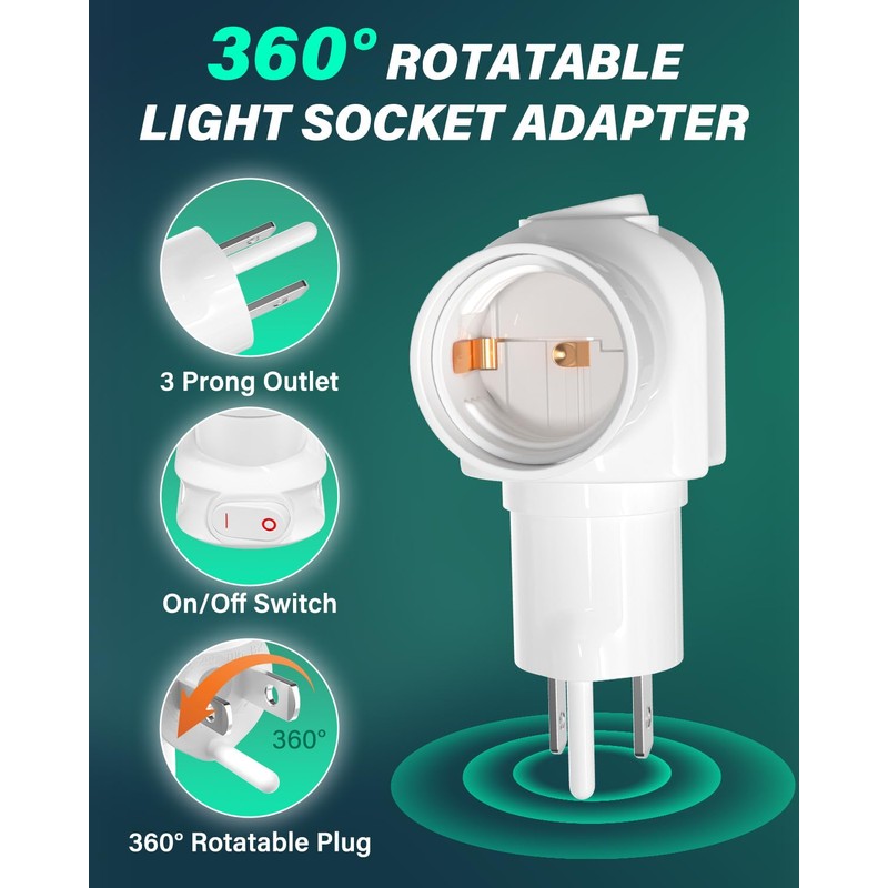 TobeBright 2 Pack Plug in Light Socket, 3-Prong Light Socket