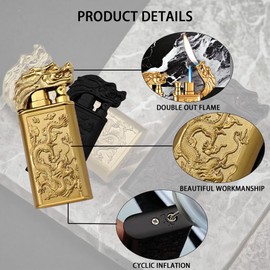 QFECT Torch Lighter, Windproof Lighters, Butane Lighter, Cool Dual Jet Flame Butane Lighter, Butane Refillable Torch Lighte, Double Flame Dragon Lighter, Creative Gift for Men (Gold)
