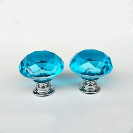 Boxonly 2Pcs Lake Blue Crystal Cabinet Door Knobs 40mm Cupboard Dresser Drawer Flat Diamond Pull Handles with M4x22mm Screws