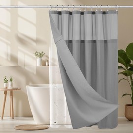 3-in-1 Shower Curtain Set, 72" x 72" Waffle Texture Shower Curtain with Mesh Top Window, 12 Double-Sided Stainless Steel Anti-Slip Hooks & Waterproof PEVA Liner, All Pieces Sized to Fit (Gray)