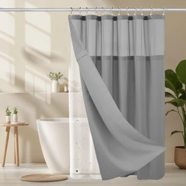 3-in-1 Shower Curtain Set, 72" x 72" Waffle Texture Shower Curtain with Mesh Top Window, 12 Double-Sided Stainless Steel Anti-Slip Hooks & Waterproof PEVA Liner, All Pieces Sized to Fit (Gray)