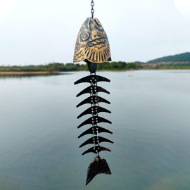 Fish Wind Chime, Fishbone Wind Chime, Fish Bone Cast Iron Wind Chimes Vintage Metal Wind Chimes Outdoor Soothing Melody for Garden Home Yard Porch Hanging Decor (Bronze)