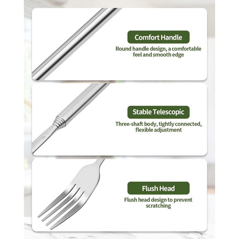 OXDFK 2 PCS Extendable Fork Spoon Set, Telescopic Stainless Steel