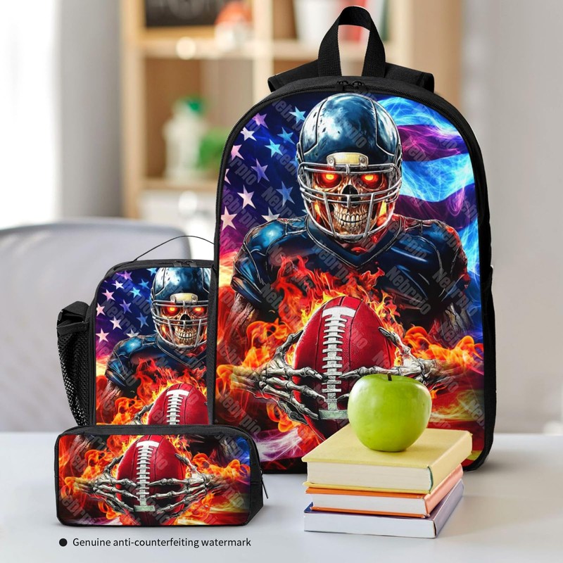 Nebrpio American Football School Backpack for Boys, 3pcs Boys Backpack