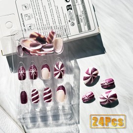 24Pcs Christmas Press on Nails Medium Almond Purple Fake Nails with Glue French Tip Bow Candy Acrylic Nails Supply Winter Xmas Purple Glossy False Nails Stick on Nails for Women and Girls DIY Manicure