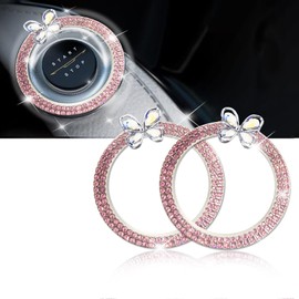 ALITTLEBYLIFE 2 PCS Transparent Butterfly Car Bling Crystal Rhinestone Engine Start Ring Decals, Sparkling Car Interior Accessories for Women,Push Start Button Cover,Key Ignition Knob Bling Ring,Pink1