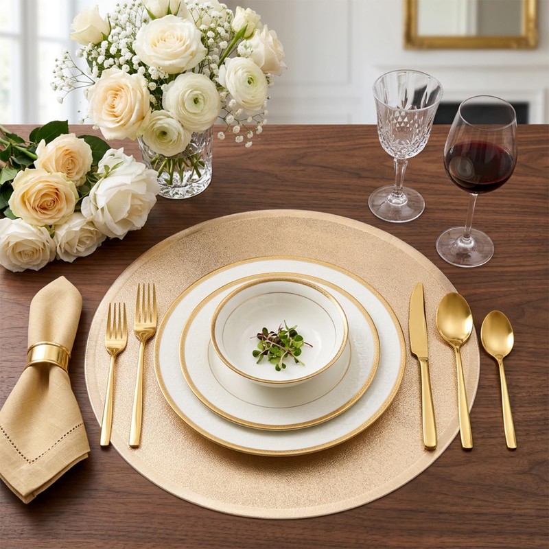 6pcs Gold Placemats for Round Table Metallic Pressed Vinyl Table