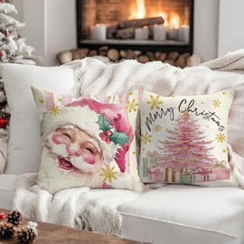 Fahrendom Merry Christmas Tree Pink Decorative Throw Pillow Covers 18 x 18 Set of 4, Xmas Santa Claus Snowman Candy Cane Porch Outdoor Pillowcase, Winter Couch Cushion Case Home Decor