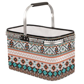 Ethnic Aztec Geometric Collapsible Market Basket, Leakproof Folding Collapsible Portable Picnic Basket Strong Aluminum Frame for Travel, Shopping, Camping & Lake Trips