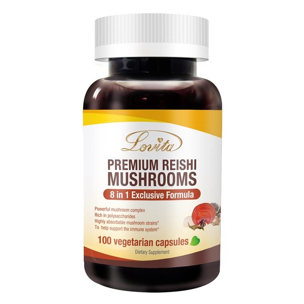 Lovita Mushroom Supplement, 8 in 1 Mushroom Complex, Lions Mane, Turkey Tail Mushroom, Cordyceps, Reishi Mushroom, Maitake Mushroom, for Natural Energy & Memory Support, 100 Veggie Capsules
