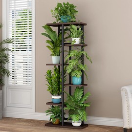 QLFJ-FurDec Plant Stand 6 Tier 7 Potted, Multiple Flower Pot Holder Shelf, Wood and Metal Tall Plant Display Rack Storage Organizer for Indoor, Outdoor, Garden, Patio, Balcony