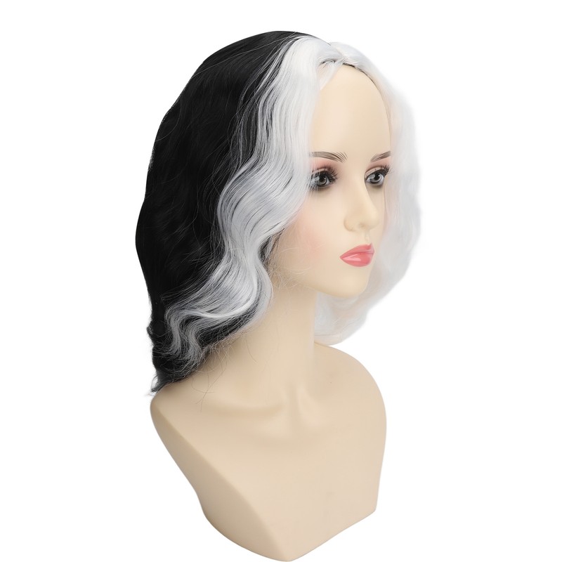 Black and White Short Wavy Wig Women Cosplay Party Shoulder