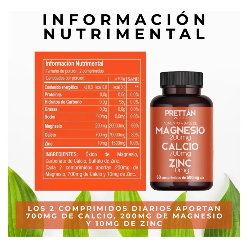 Suplemento Magnesio Calcio Y Zinc Prettan 60 Capsulas 500mg Sin