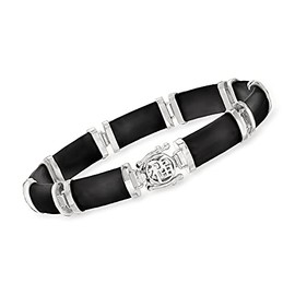 Ross-Simons Black Agate "Good Fortune" Bracelet in Sterling Silver. 7.5 inches