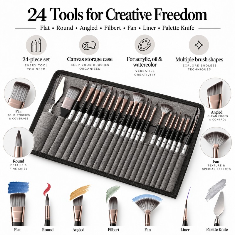 24-Brush Artist Paint Brush Set with Palette Knife & Storage