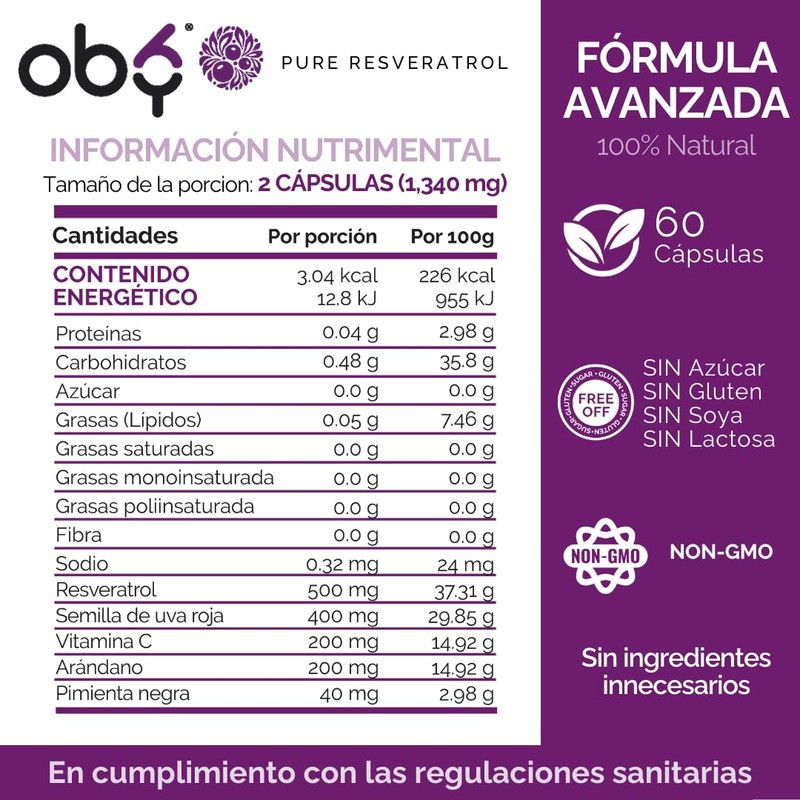 Oby Resveratrol Puro + Antioxidantes 1300 mg porcion, 60 capsulas: