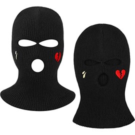 3-Hole Ski Mask with Design 2 PCS Balaclava Knitted Three Hole Mask Beanie Winter Full Face Cover for Outdoor Sports (Black,Heart Style)