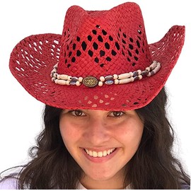 Straw Cowboy Hat Cowgirl Hats Men Women Sun Hat Sombreros Vagueros Classic Western Accents Sombreros, Red, Beaded, 7-7 1/2
