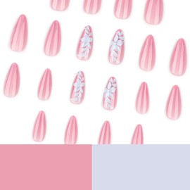 Pink Press on Nails Medium Almond Fake Nails White Flower Press Ons Cat Eye Design False Nails Glossy Full Cover Glue on Nails for Women 24PCS