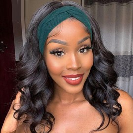 LEOSA Wavy Bob Headband Wigs with Headbands Attached Short Body Wave Headband Wig for Black Women Synthetic Loose Wavy Headband Wig Natural Black Half Bob Wig 14Inch