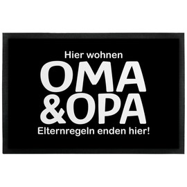 True Statements Doormat "Hier wohnen Oma & Opa - Elternregeln Enden hier" - Dirt Trapper Mat with Saying - Size 40 x 60 cm, Non-Slip, 4 mm Thick, Rubber Edge (Background Black)