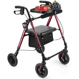 Ambliss All-Terrain Rollator Walker with 8" Wheels, Foldable Rolling Walker with Removable Tray Padded Seat & Backrest for Seniors (Red)