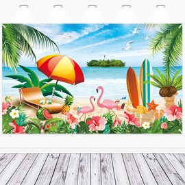 5.9X3.6ft Fabric Hawaii Party Backdrop, Summer Beach Aloha Tiki Luau Party Photography Backdrop Tropical Flamingo Table Cloth Wall Background Banner with Ribbon for Birthday Wedding Party Supplies