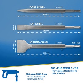 S&R SDS-Plus Chisel Set 3-pcs: Flat Chisel (250 x 20mm) Flat Tile Chisel (14 x 250mm) Pointed Chisel (14 x 250) mm for Universal use