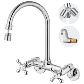 Airuida Wall Mount Kitchen Faucet with Sprayer Wall Mounted Kitchen Sink Faucet Double Cross Handles 360 Degree Swivel Spout Restaurant Mixer Tap Commercial 6 Inch Center Chrome Polish