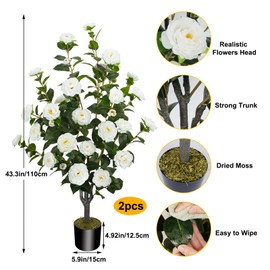 MHMJON 2 Pack 43.3"/3.6FT Artificial Camellia Tree Fake Outdoor Tree with 32 Blooming Flowers White Tree for Summer Spring Home Front Door Indoor Decor (Including Dried Moss)