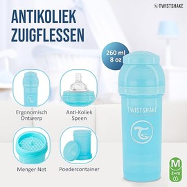 Twistshake Biberón Anticólicos de 260 ml | Tetina de Silicona Similar al Pecho | Mamila de Flujo Medio 2+ Meses | Hecho de Plástico Libre de BPA | Ide