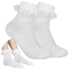 BVIELOY Women Ruffle Socks for mid-calf, Lace Ruffle Frilly Comfortable Cotton Socks Princess Socks,White