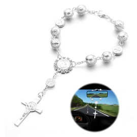 Car Mirror Decor Hanging - Car Rosary for Rear View Mirror, Blessing Decors Car Interior Hanging Accessories for Woman (Silver)