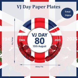 16Pcs VJ Day Plates 80th Anniversary Party Tableware,Celebration VJ-Day 80th Paper Plates Memorabilia Party 7 inch Plate Victory in Europe,VJ 80 Years Dinnerware Kit for Celebrat Partys Plate Décor