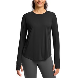Soothfeel Women's Long Sleeve Workout Tops Running Hiking Athletic Shirts Active T-Shirts Wicking Quick Dry Soft Lightweight Black L