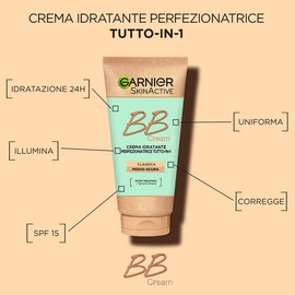 Garnier BB Cream Classica SkinActive, Per Pelle Uniforme e Idratata, Look Naturale, Arricchita con Acido Ialuronico, Aloe Vera e Pigmenti Minerali, SPF 15, Tonalità: Medio-Scura