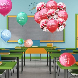 10 Stück Luftballons Einschulung, Schulkind Luftballons Schulanfang Deko, ABC Latex Ballons für Einschulung Deko Schuleinführung Schulkind Deko Einschulung Junge und Mädchen Rot und Konfetti Design