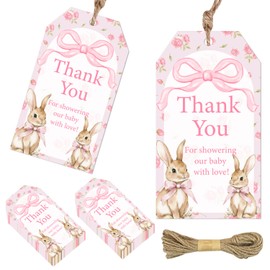 50Pcs Bunny Thank You Tags, Bunny Tag Favor Decoration Rabbit Hanging Gift Labels with String Coquette Pink Bow Rabbit Theme Party Decoration for Girls Birthday Baby Shower Wedding Party Supplies