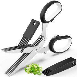 Herb Scissors Set - Updated 2025 Cool Kitchen Gadgets for Cutting Fresh Garden Herbs - Herb Cutter Shears with 5 Blades and Cover, Sharp and Anti-rust Stainless Steel, Dishwasher Safe (Black-White)