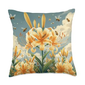 Spider Lily Flower Blooming With Bees Around Graphic Throw Pillow
