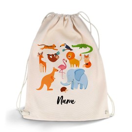GRAVURZEILE Printed Gym Bag - Zoo Animals Design & Name of Choice - Sports Bag Backpack Daypack Gym Bag with Drawstring - for School & Leisure Sports - for Boys and Girls - 12 Litres 33 x 45 cm
