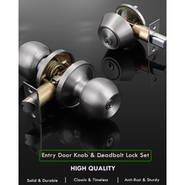 Brotima 4 Pack Keyed Alike Door Lock Set with Deadbolt, Satin Nickel Finished Double Cylinder Deadbolt Lock Set, Security Round Style Entry Door Knobs