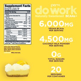 Perk Do Work BCAAs + Hydration Electrolytes Powder (Naturally Sweetened Lemon Tart Flavored, 20 Servings) - with Coconut Water & Coconut Milk