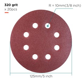 YoiYee 320 Grit Sanding Discs Pads, 8 Holes, 125mm/5-inch Hook and Loop Quick Change Sandpaper Sheet for Random Orbital Sander, 20 Pack