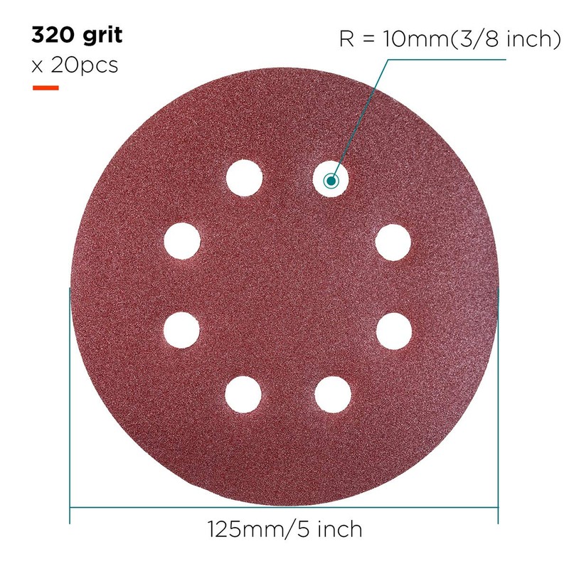 YoiYee 320 Grit Sanding Discs Pads, 8 Holes, 125mm/5-inch Hook