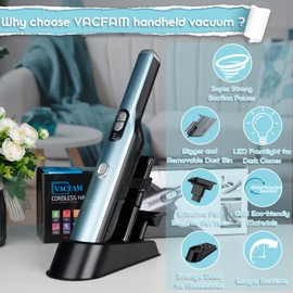 VACFAM Handheld Cordless Vacuum Cleaner, Portable Car Vacuum with 18KPa Suction Power, Quick-Charge Hand Vac with LED Headlight & Storage Dock for Home Office Desk Keyboards Pet Hair, Blue