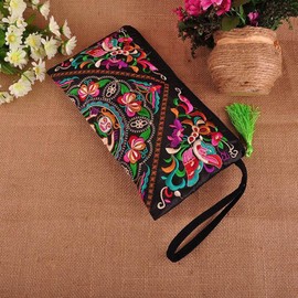 LUMoony Embroidered Purse for Women 27 cm Mini Long Large Capacity Bag with Zip China Vintage Embroidered Ethnic Motifs Phone Purse Women's Clutch Purse with Zip