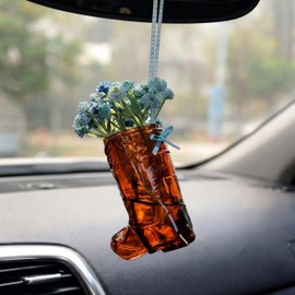 MTLEE Western Cowboy Boot Car Accessories Rear View Mirror Hanging Accessories Cowboy Boot with Bow and Wildflower Bouquet Car Mirror Pendent Charm Country Cowgirl Decor for Women