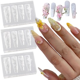 3PCS 3D Silicone Nail Art Molds, Lily Flower Design Template for Manicure, Clear Floral Carving Embellishment Mould