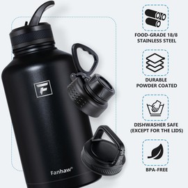 Fanhaw 64 oz Stainless Steel Insulated Water Bottle with 3 Lids (Straw, Spout and Carabiner Lid) - Half Gallon Sports Water Flask Jug (Black)